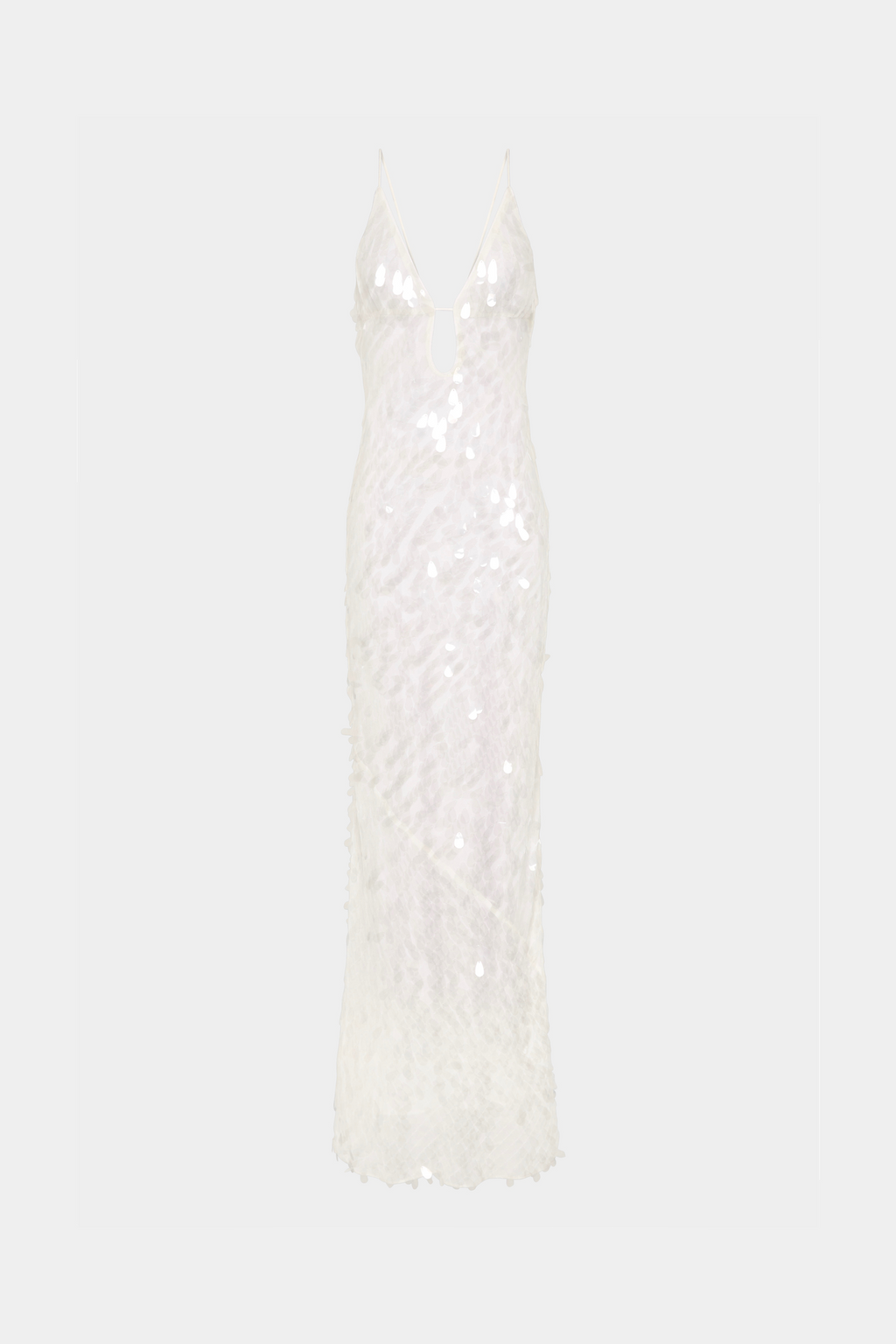 Ivory sequin column maxi dress with spaghetti straps and slim fit