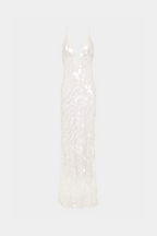 Ivory sequin column maxi dress with spaghetti straps and slim fit