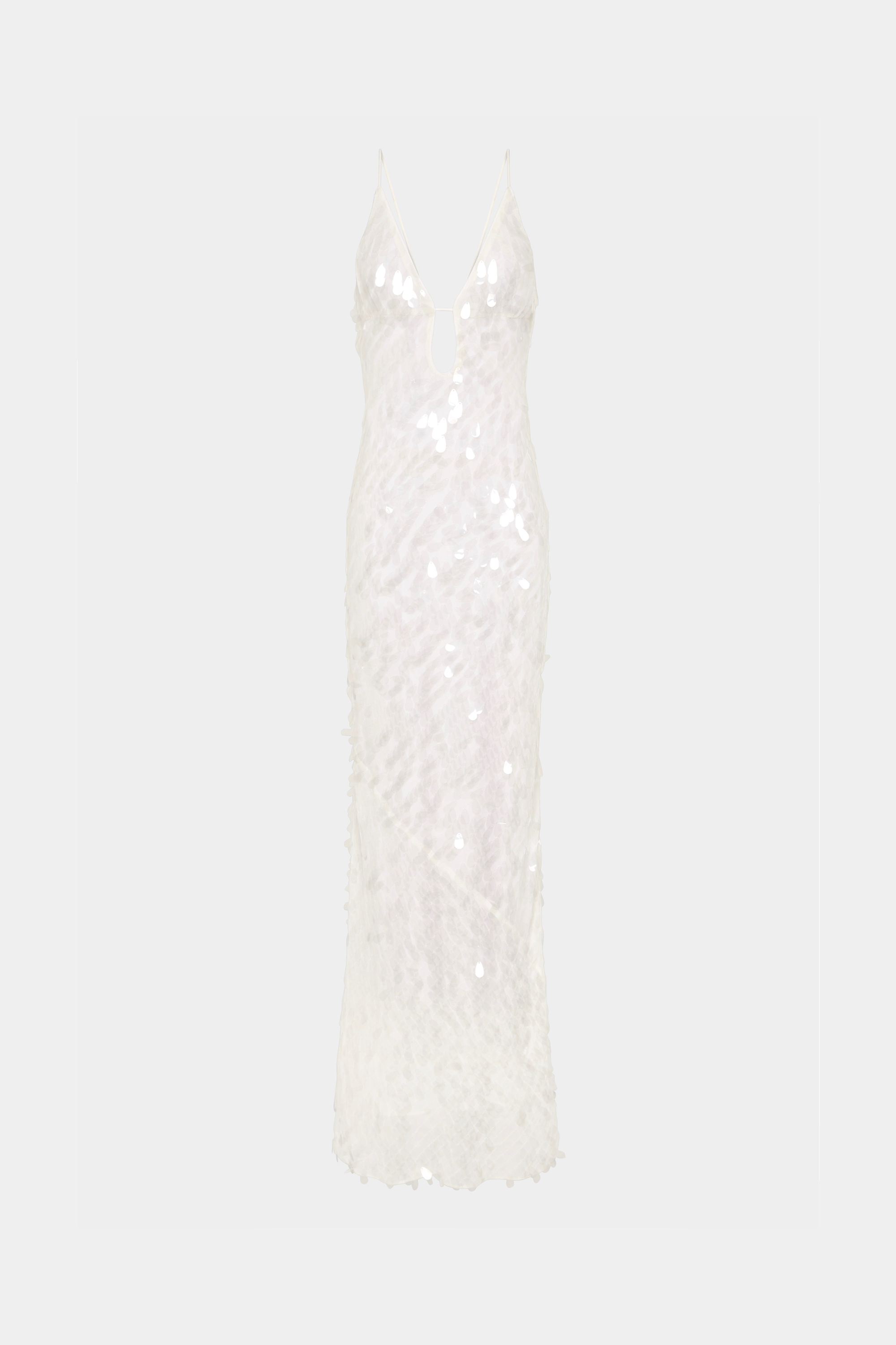 Ivory sequin column maxi dress with spaghetti straps and slim fit