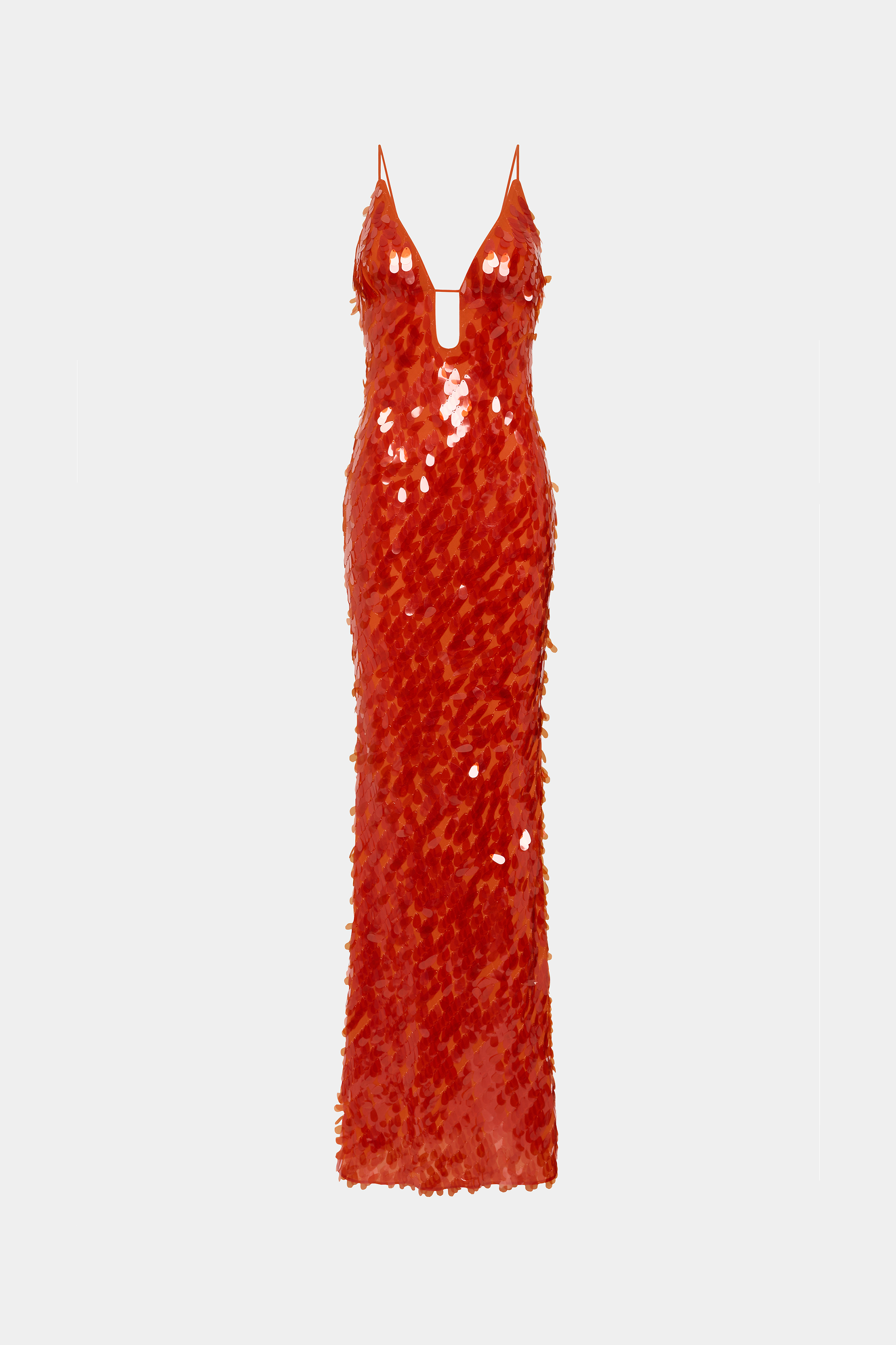 Red sequin maxi dress with V-neckline and thin spaghetti straps, column fit