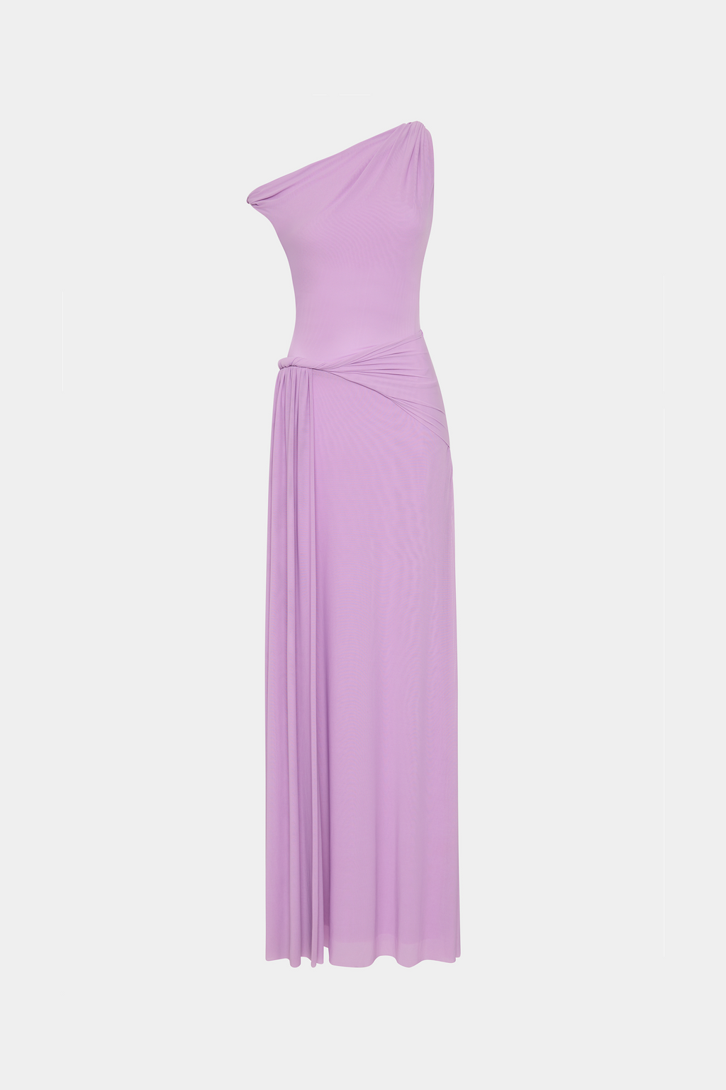 Lilac draped mesh dress with gathered waist and one-shoulder neckline