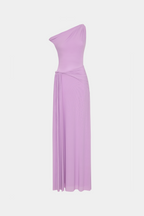 Lilac draped mesh dress with gathered waist and one-shoulder neckline