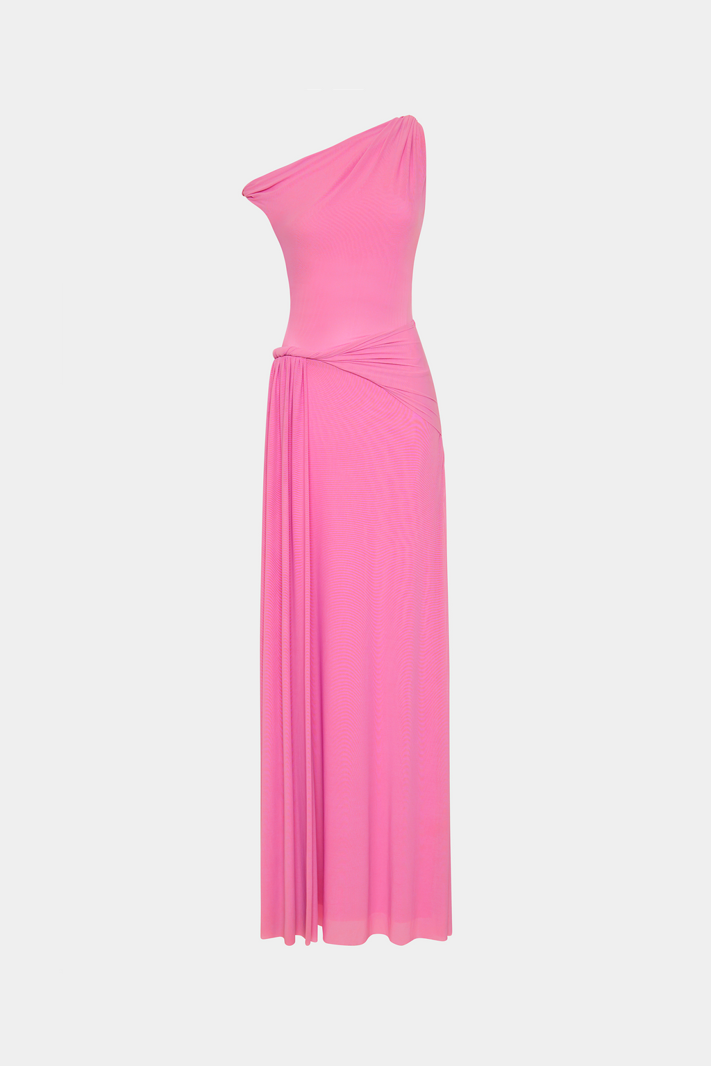 Orchid pink mesh dress with twisted waist drape, one-shoulder