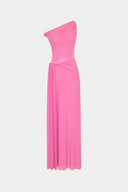 Orchid pink mesh dress with twisted waist drape, one-shoulder