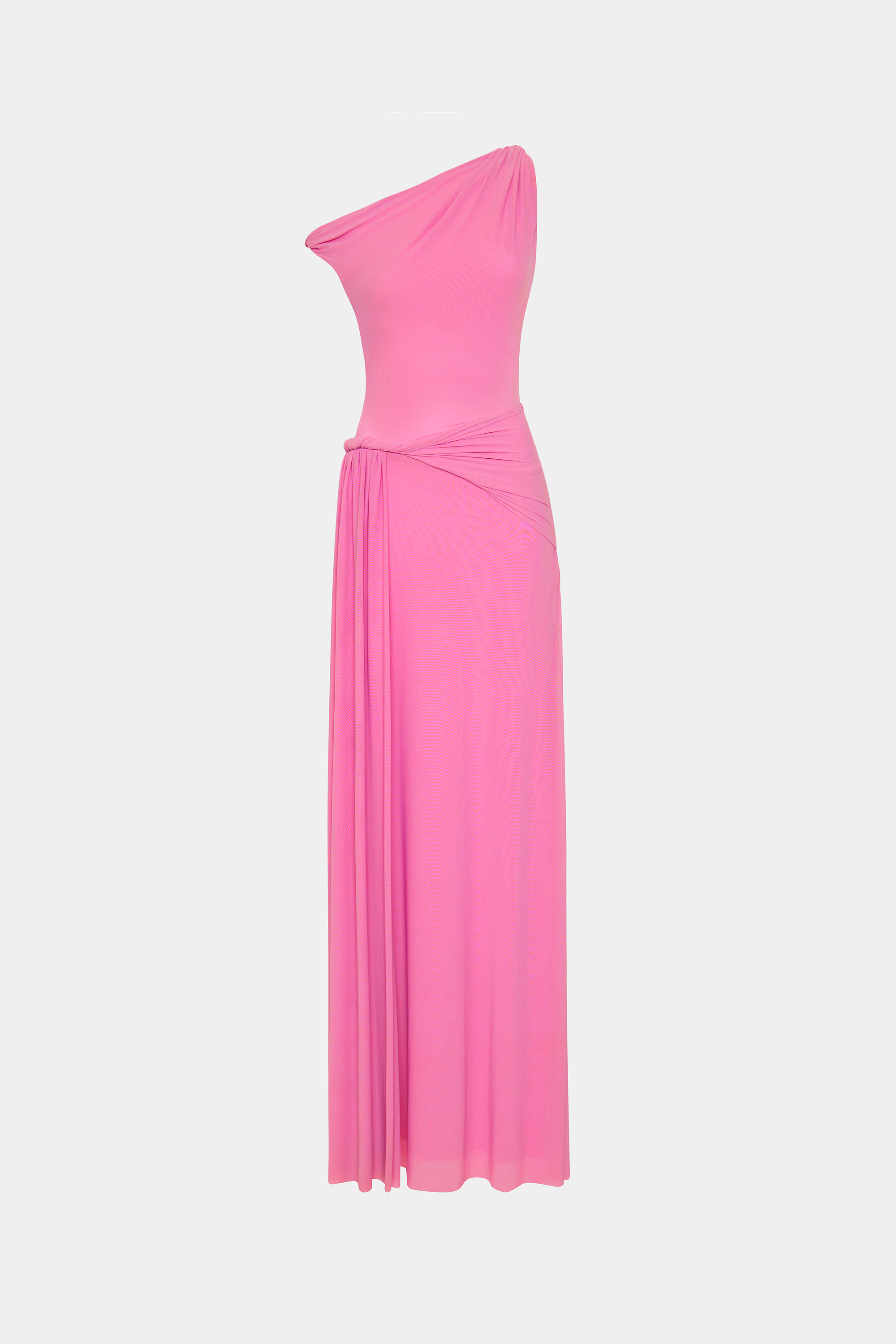 Orchid pink mesh dress with twisted waist drape, one-shoulder