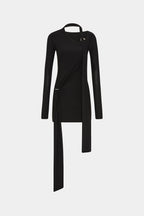 Black jersey mini dress with long sleeves, asymmetrical draped front and side slit