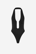 Black halter bodysuit with deep keyhole cutout front