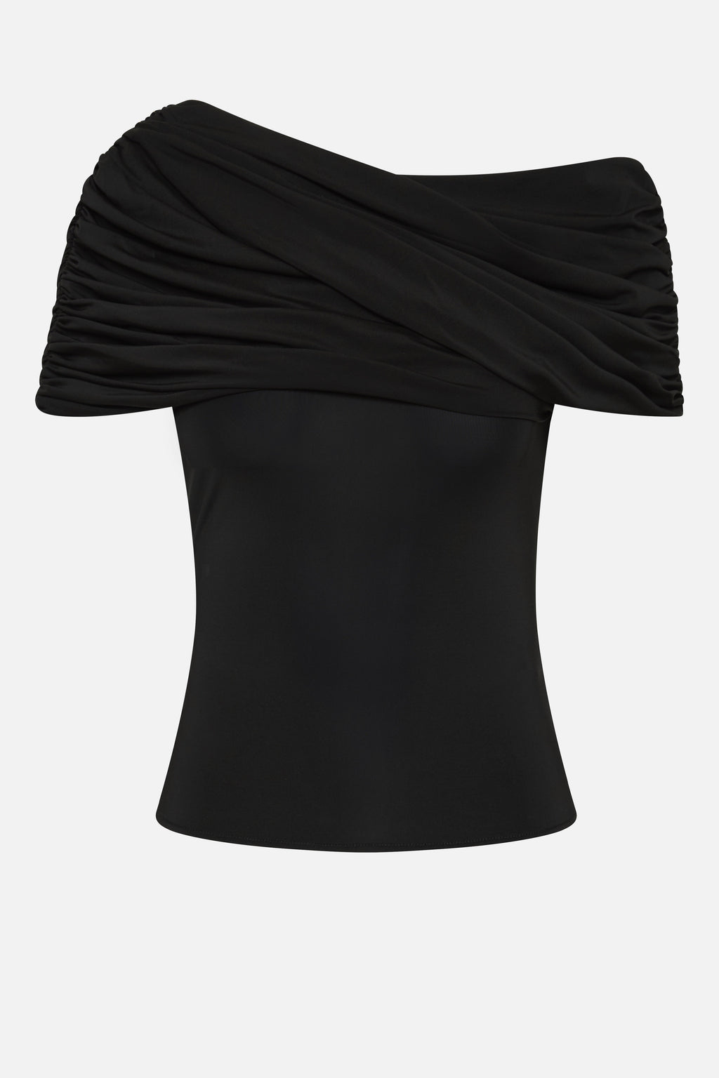 Black jersey cowl-neck top with ruched shoulder drape