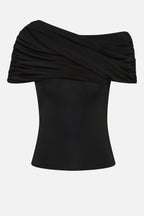 Black jersey cowl-neck top with ruched shoulder drape