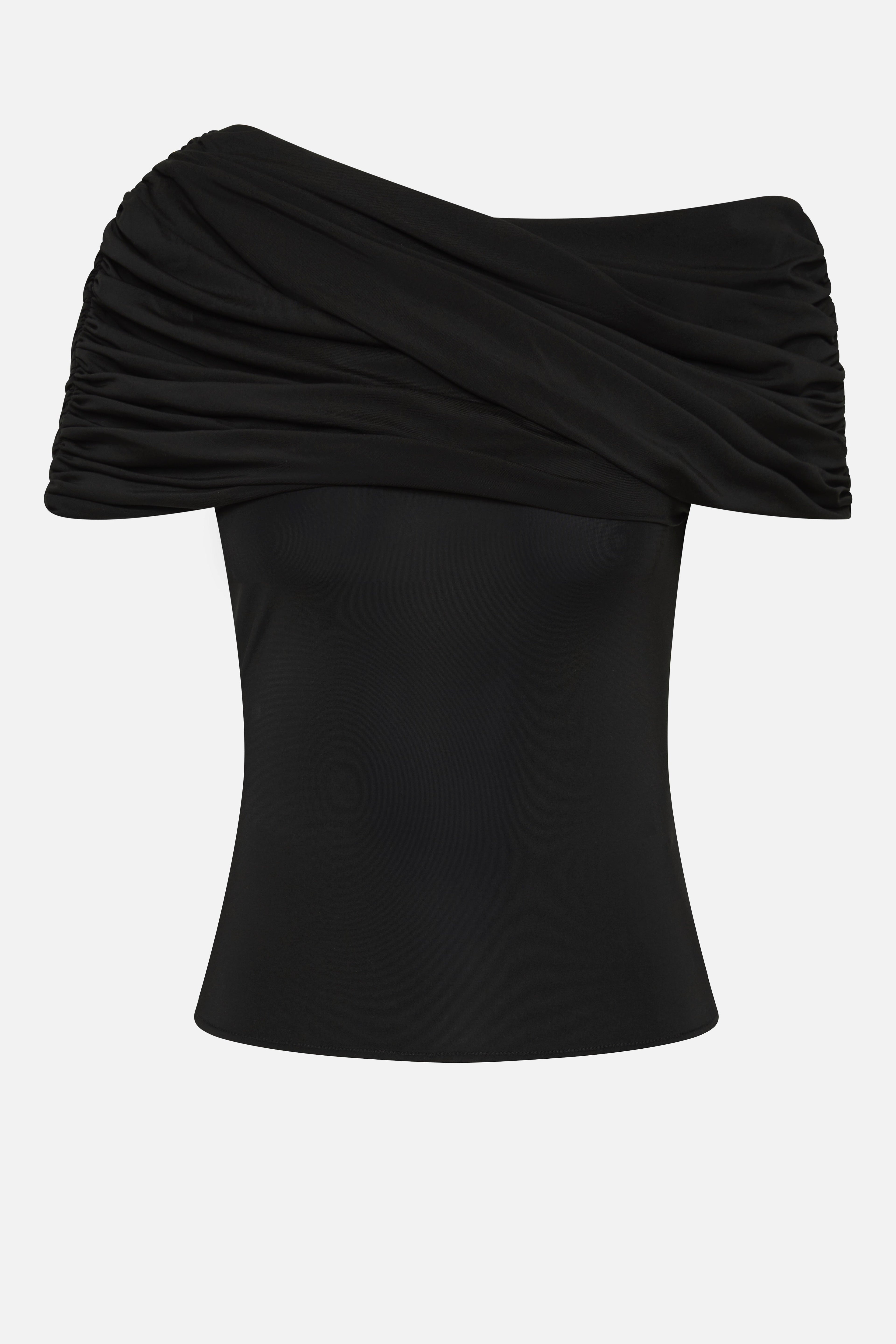 Black jersey cowl-neck top with ruched shoulder drape