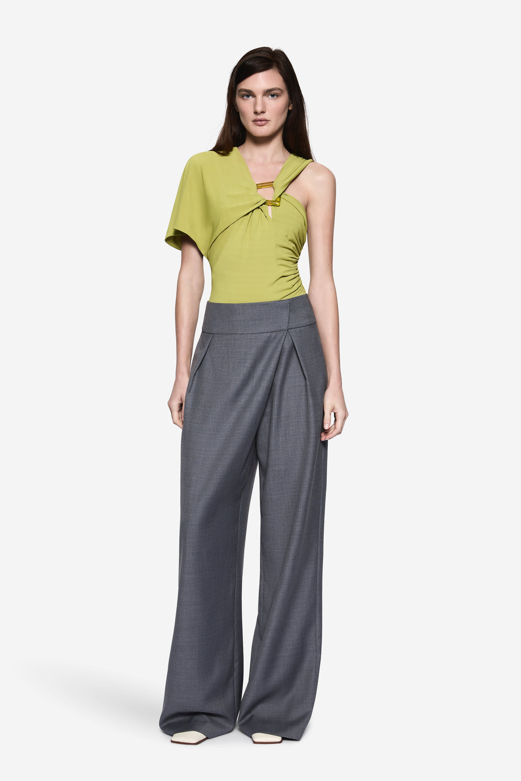Matcha green jersey bodysuit with V-neck and short sleeves, ruched front