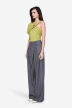 Matcha green jersey bodysuit with V-neck, short sleeves, and ruched waist