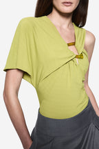 Matcha green jersey bodysuit with V-neck, short sleeves, and gathered waist