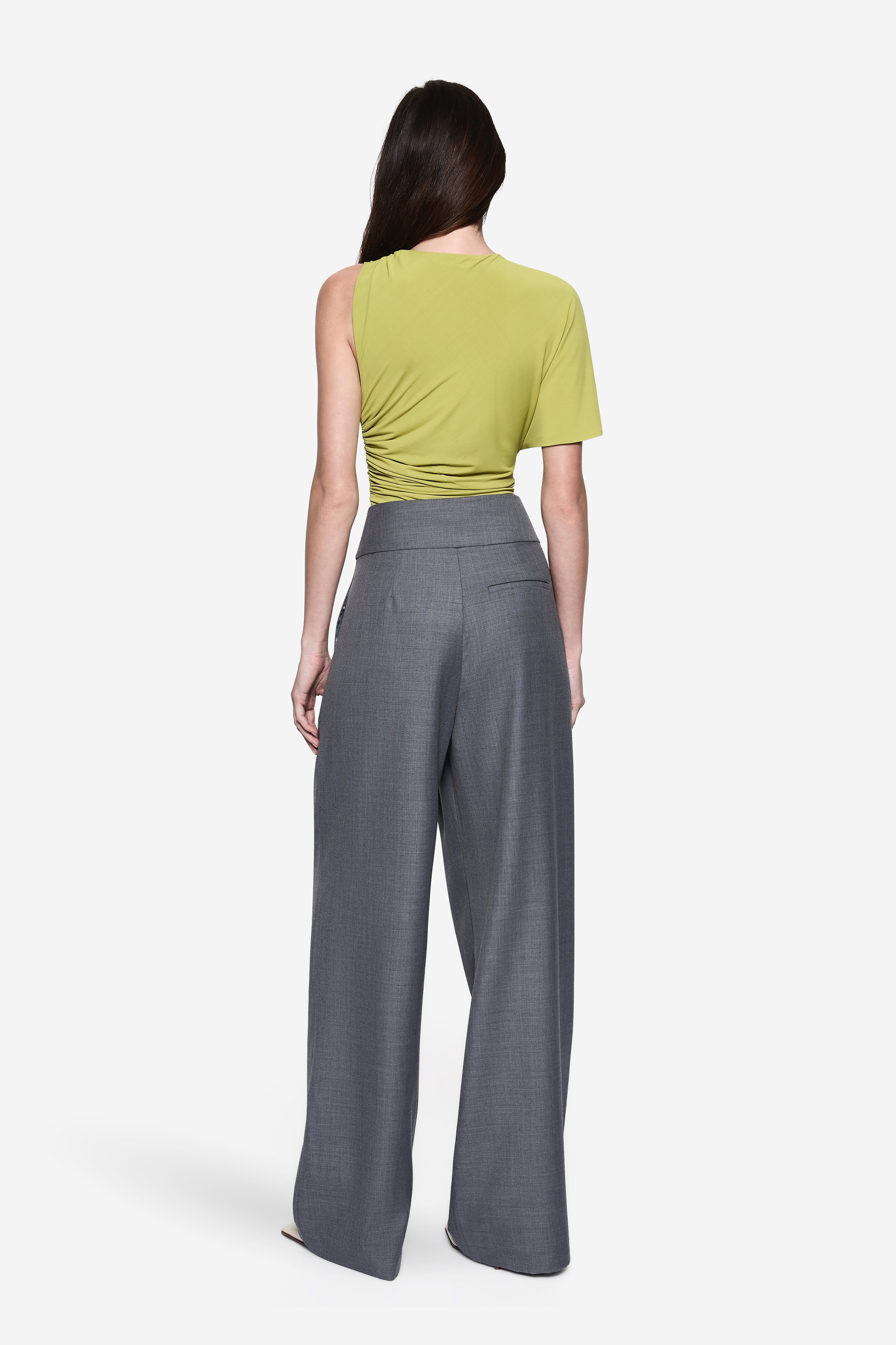 Matcha green jersey bodysuit with short sleeves, scooped back, and gathered waist