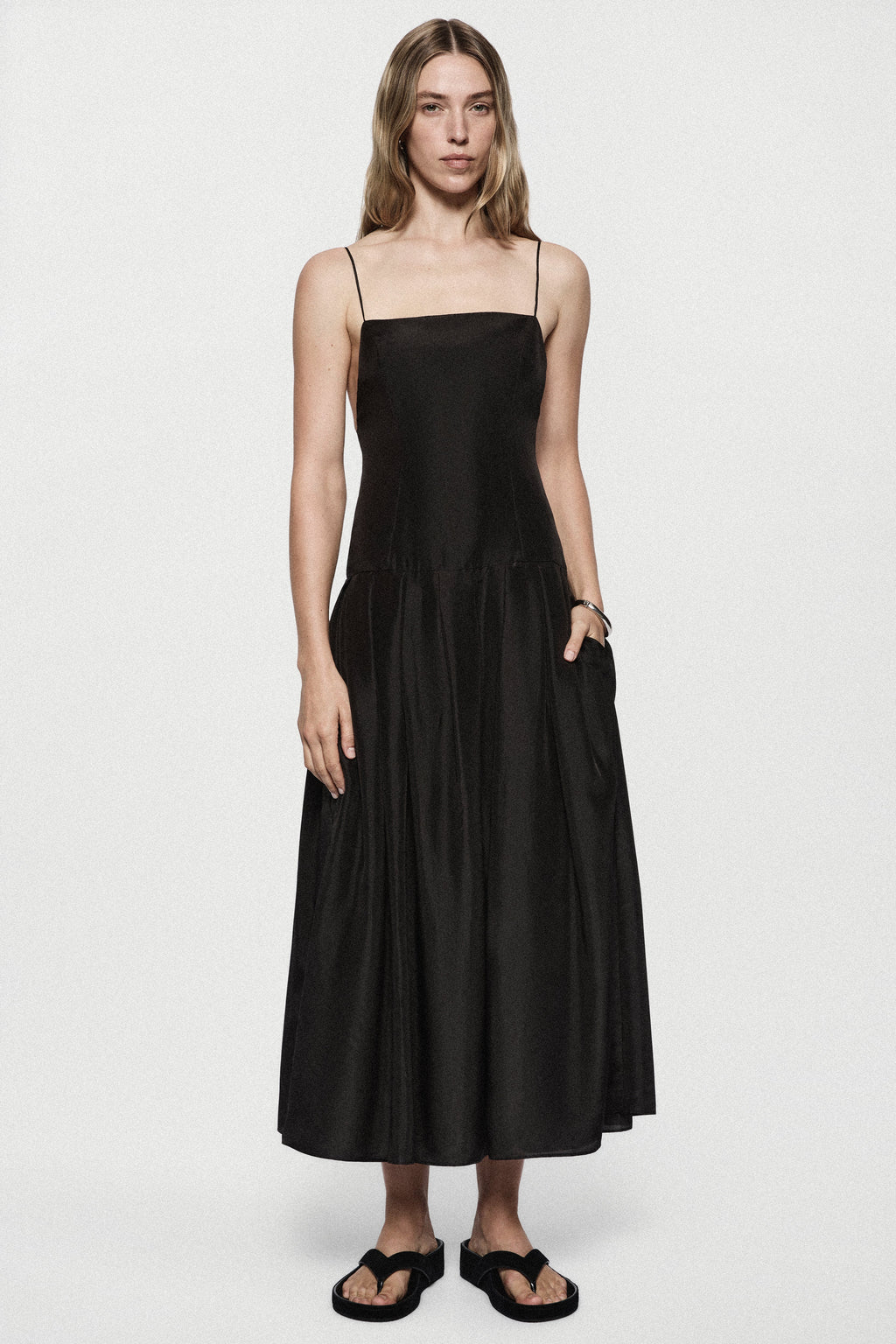 Black silk sundress with spaghetti straps, midi length, gathered skirt
