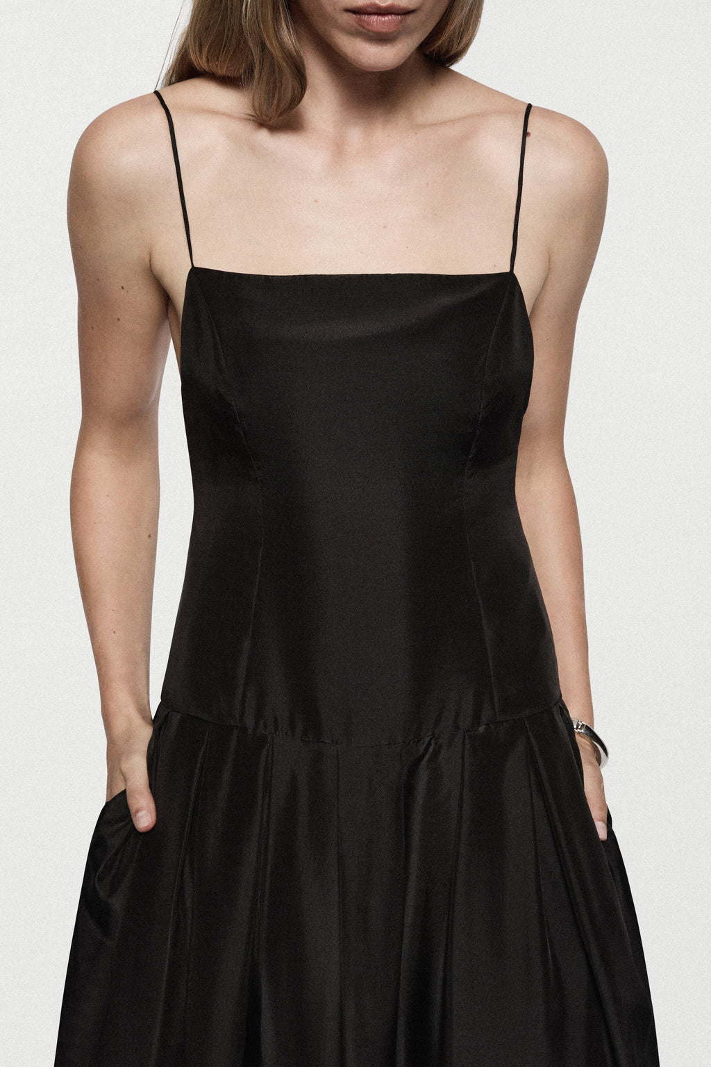 Black silk sundress bodice and gathered hem with spaghetti straps