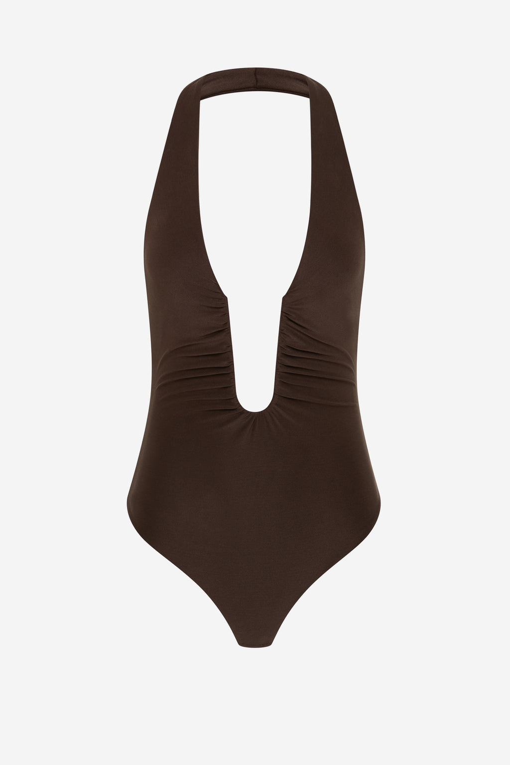 Chocolate brown halter bodysuit with open back oval cutout