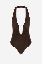 Chocolate brown halter bodysuit with open back oval cutout