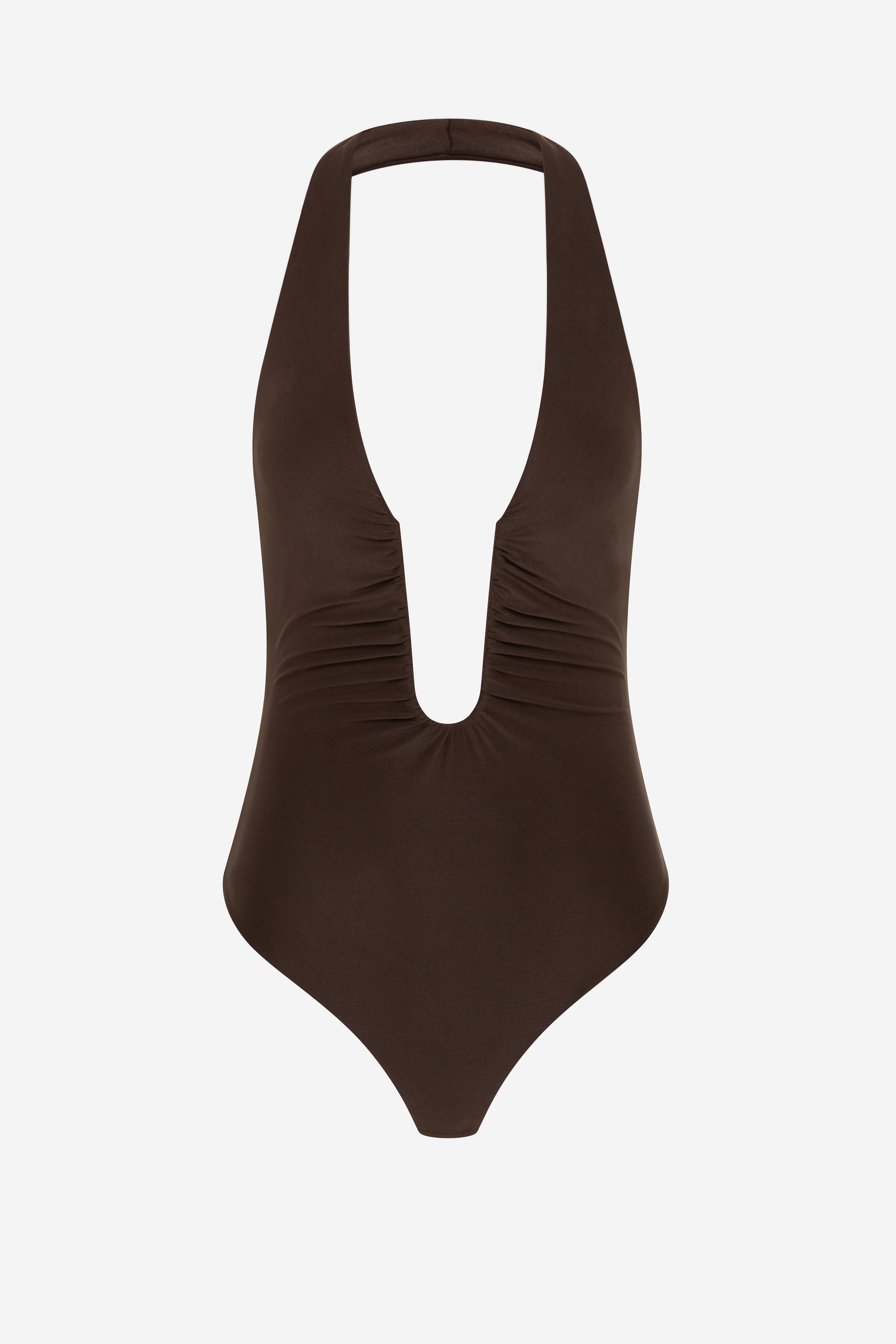 Chocolate brown halter bodysuit with open back oval cutout
