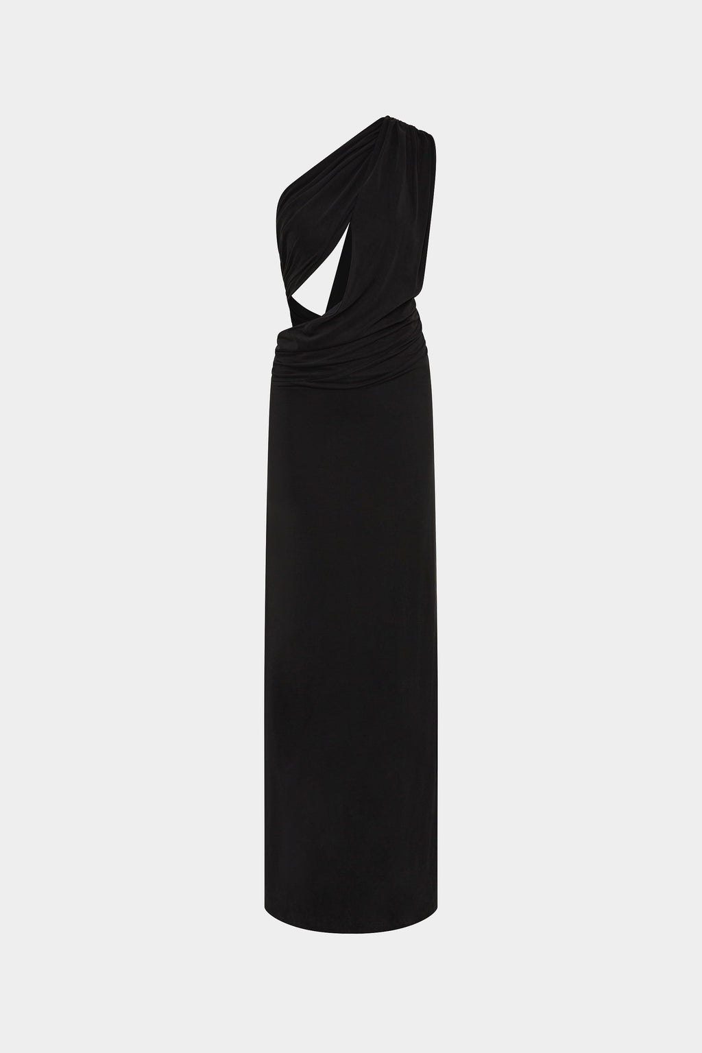 Black sleeveless asymmetrical maxi dress with twisted one-shoulder detail