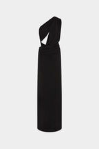 Black sleeveless asymmetrical maxi dress with twisted one-shoulder detail