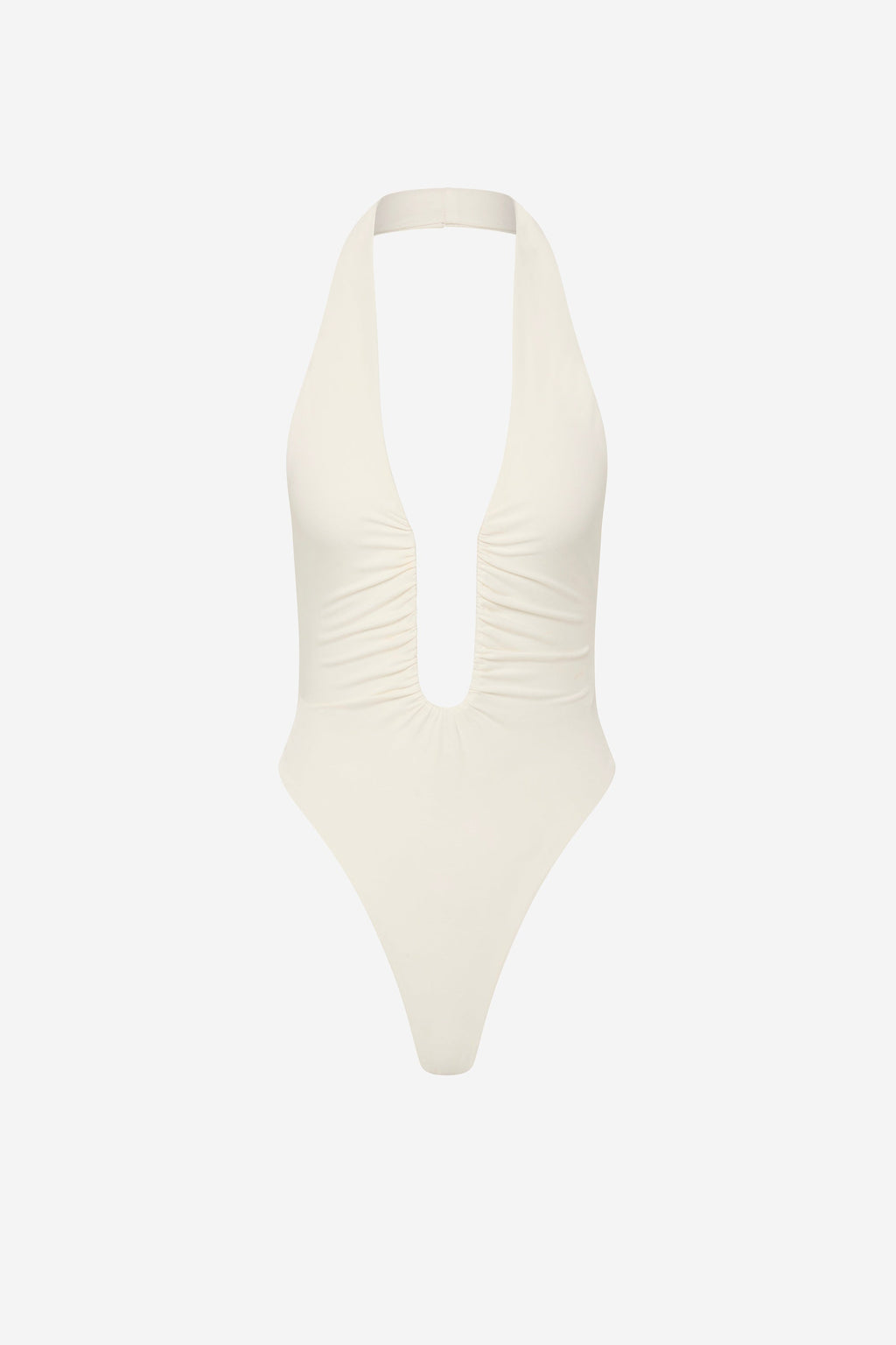 THE JENNIFER cupro bodysuit in ivory, halter back with deep V back and fitted cut