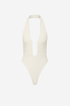 THE JENNIFER cupro bodysuit in ivory, halter back with deep V back and fitted cut