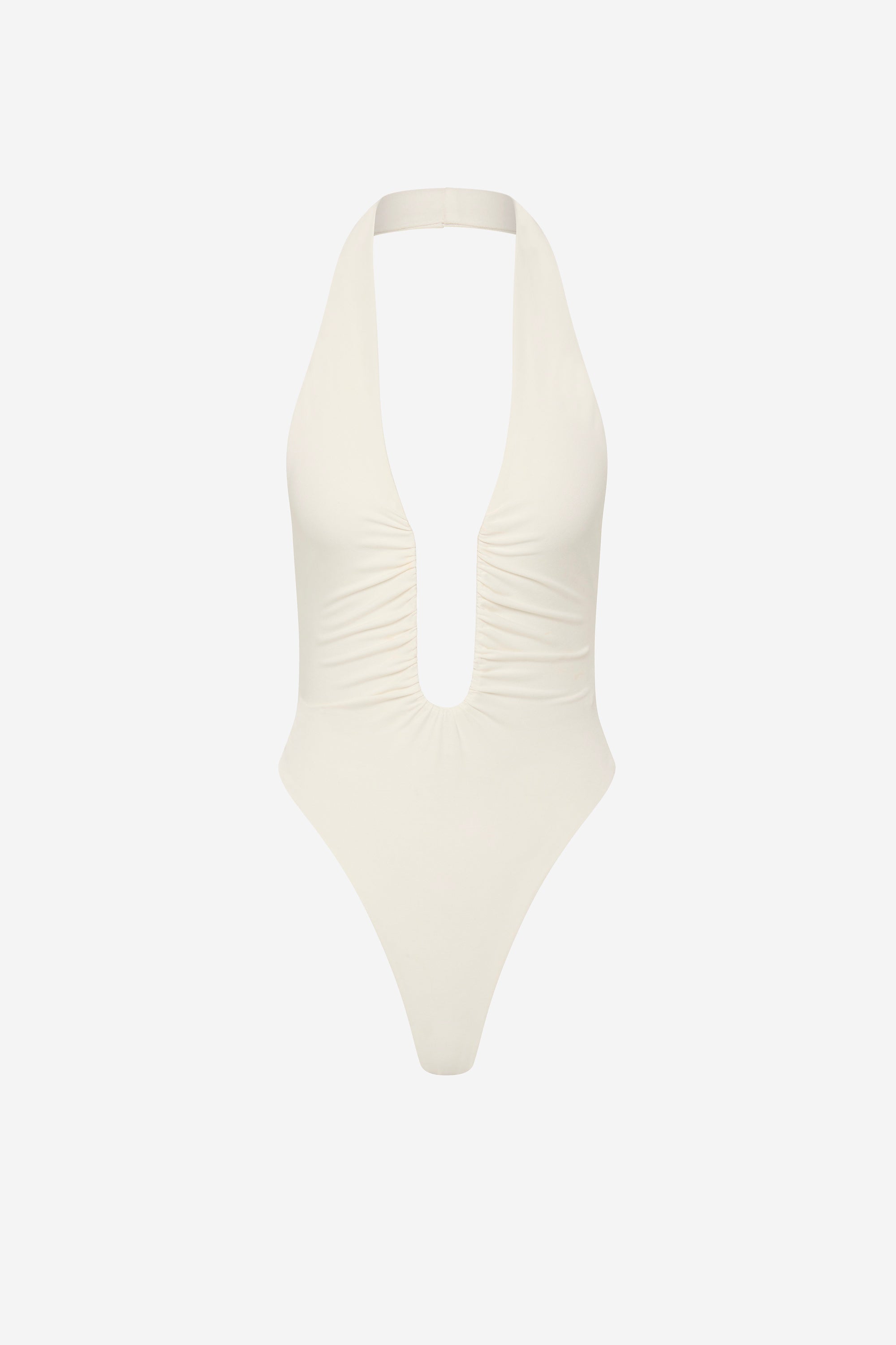 THE JENNIFER cupro bodysuit in ivory, halter back with deep V back and fitted cut