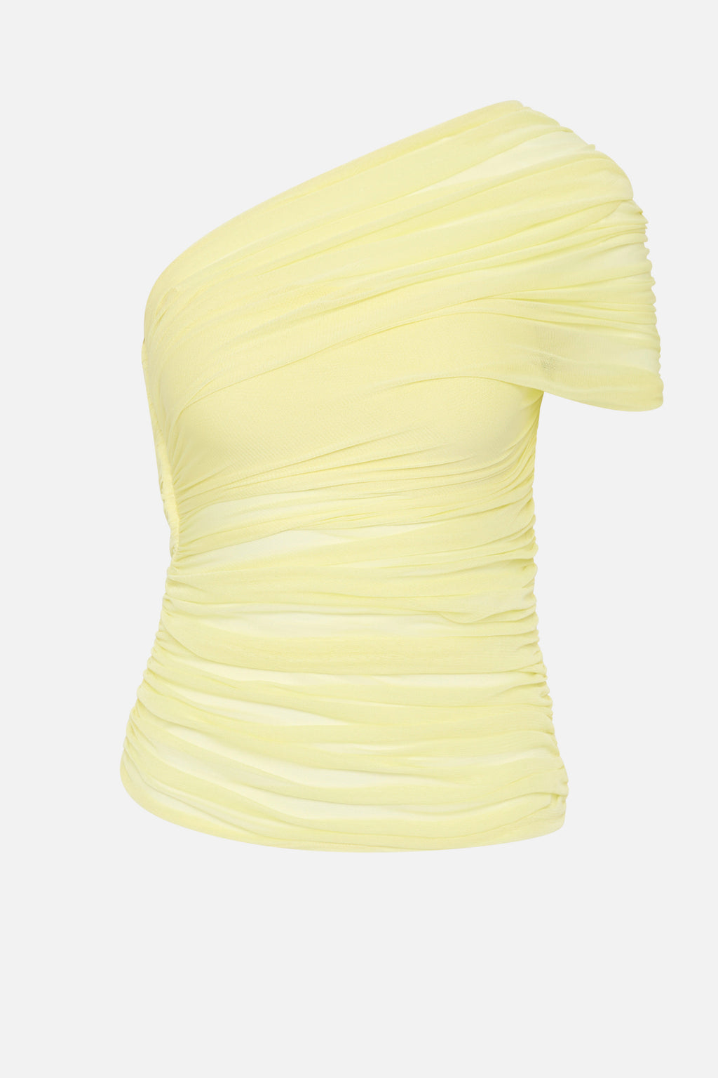 Lemon silk one-shoulder top, ruched drape texture close-up