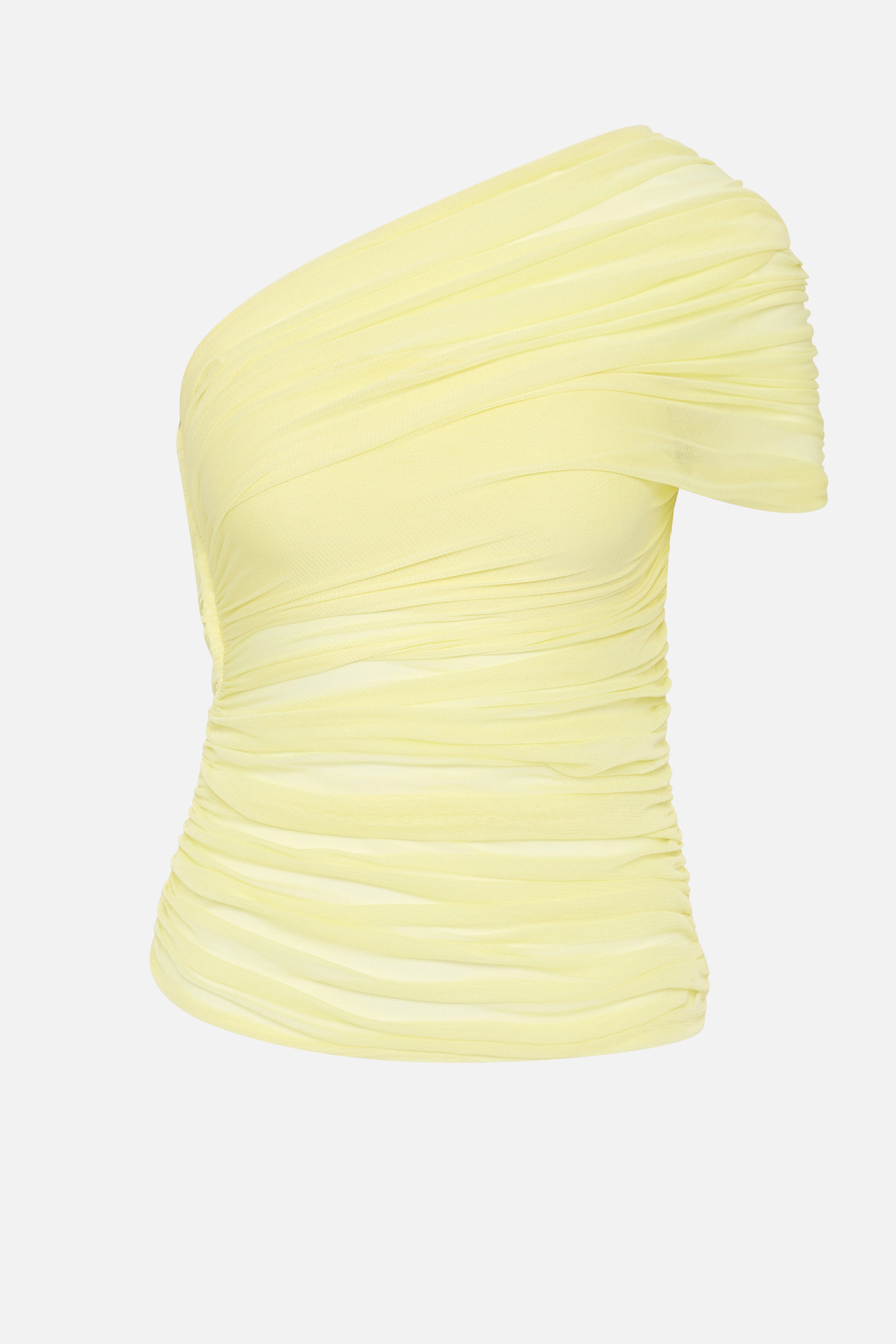 Lemon silk one-shoulder top, ruched drape texture close-up