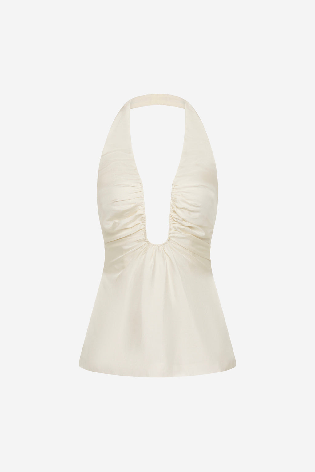 Off-white silk halter top with deep V neckline and ruched bust