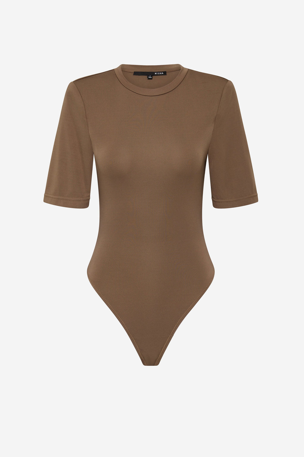 Chocolate padded short-sleeve scoop-neck bodysuit, fitted knit