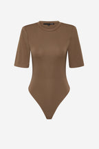 Chocolate padded short-sleeve scoop-neck bodysuit, fitted knit