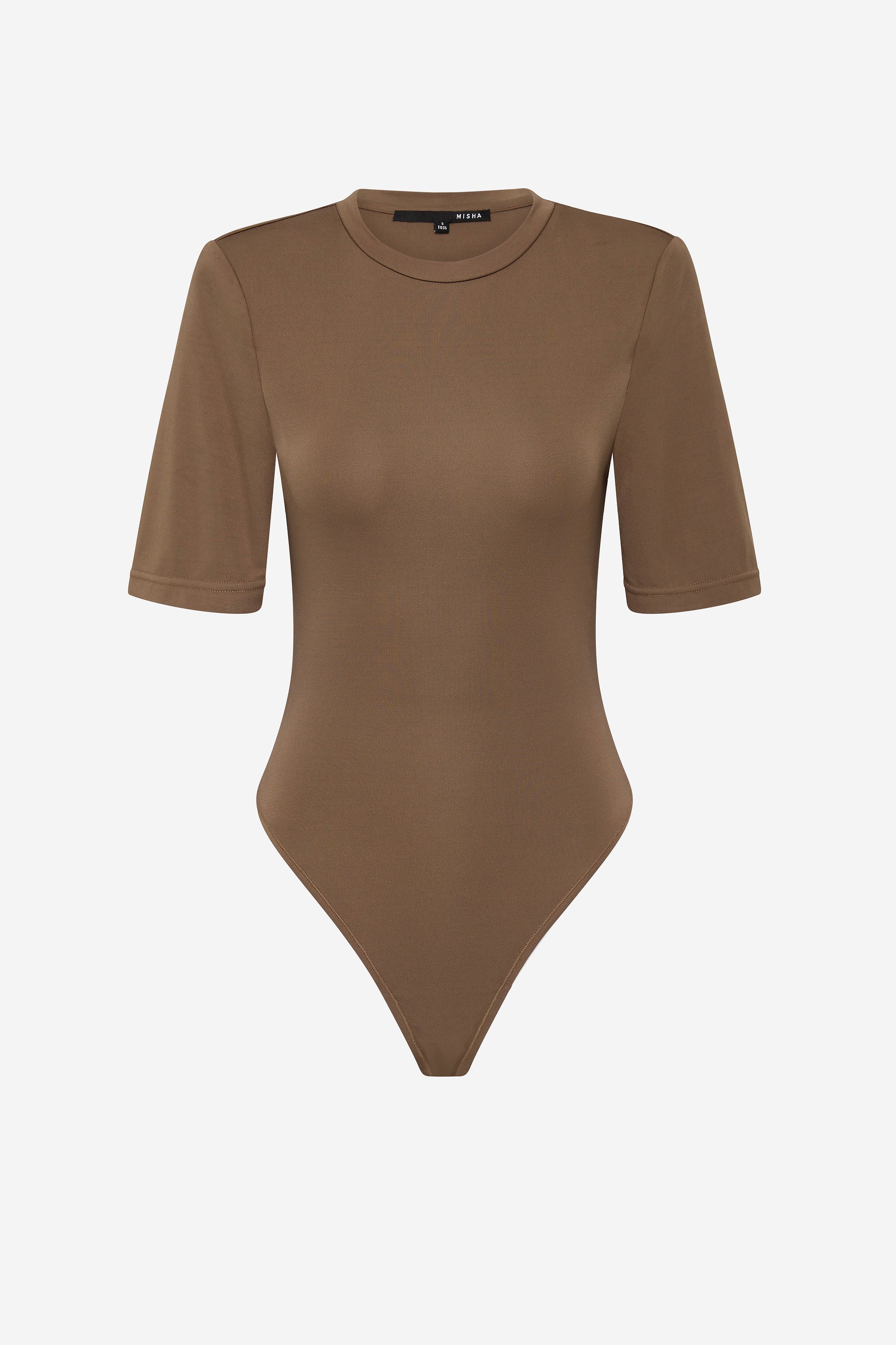 Chocolate padded short-sleeve scoop-neck bodysuit, fitted knit