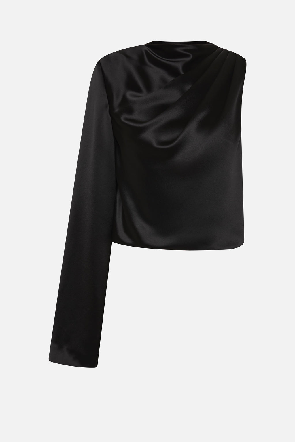 Black satin top with high neckline and extended drape panel