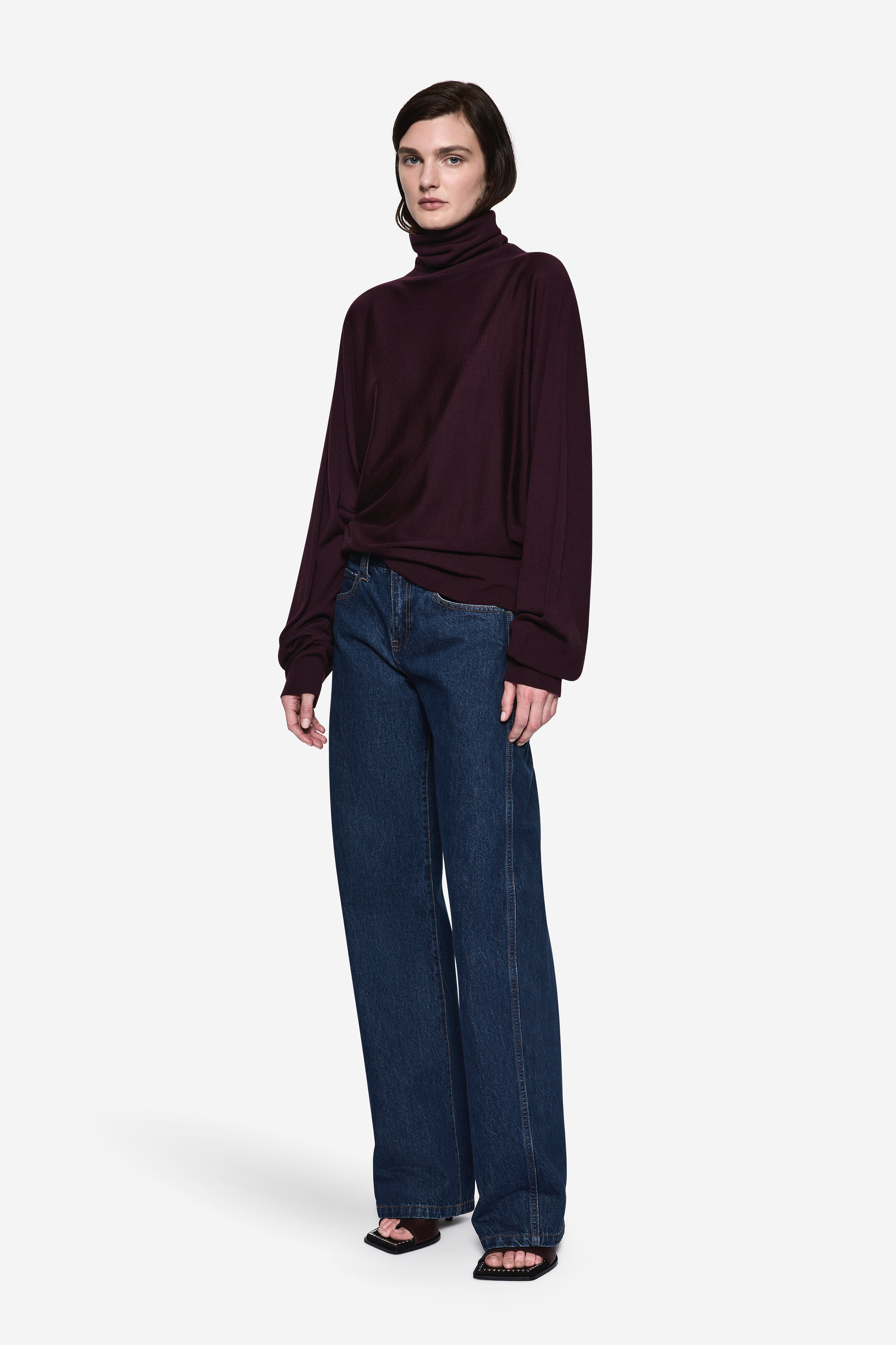 Eggplant merino high-neck sweater with dropped shoulders and cuffed sleeves