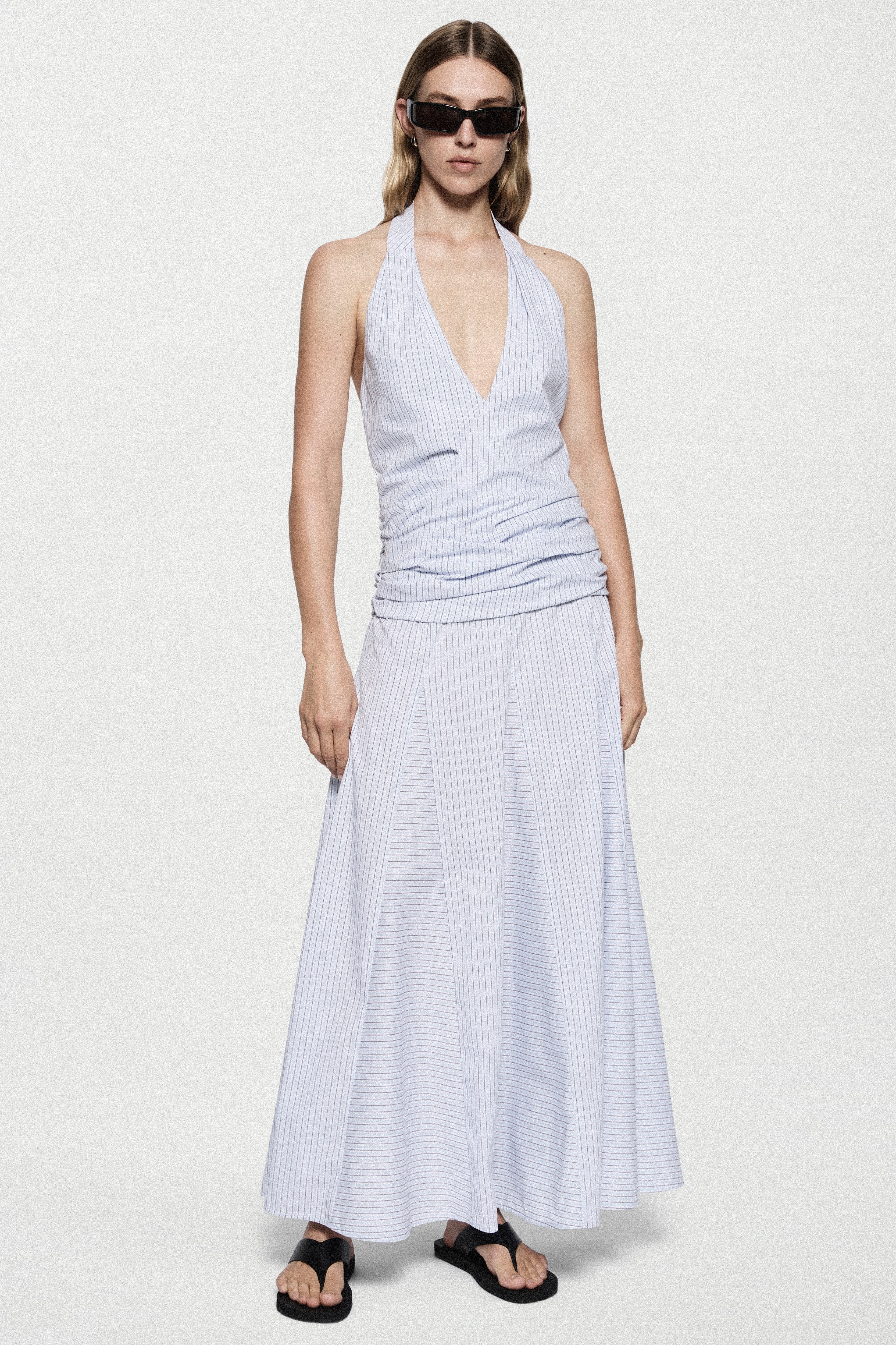 Blue-and-white striped cotton maxi dress, V-neck halter, ruched waist