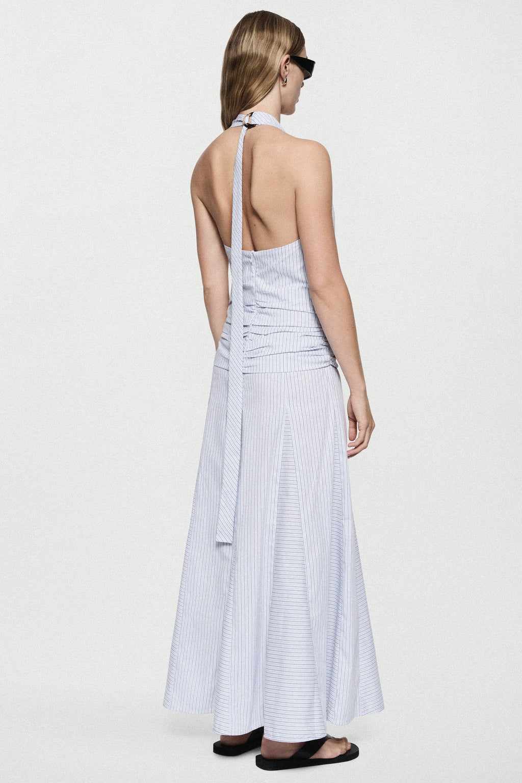 Blue-and-white striped cotton maxi dress with open back and V-neck halter