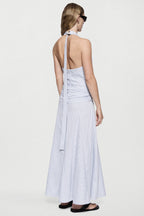 Blue-and-white striped cotton maxi dress with open back and V-neck halter