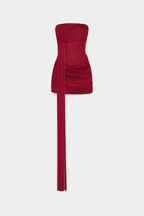 Cherry red strapless wrapped mini dress with draped ruching and long tie detail