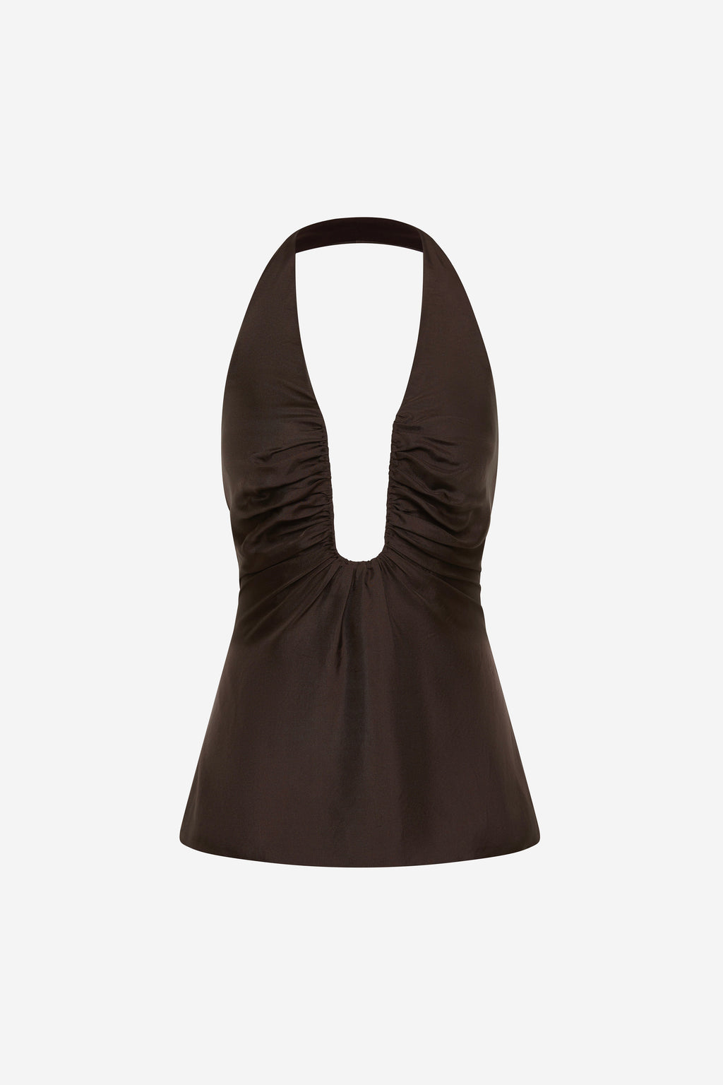 Chocolate halter silk top with deep V keyhole cutout and gathered front