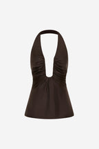 Chocolate halter silk top with deep V keyhole cutout and gathered front