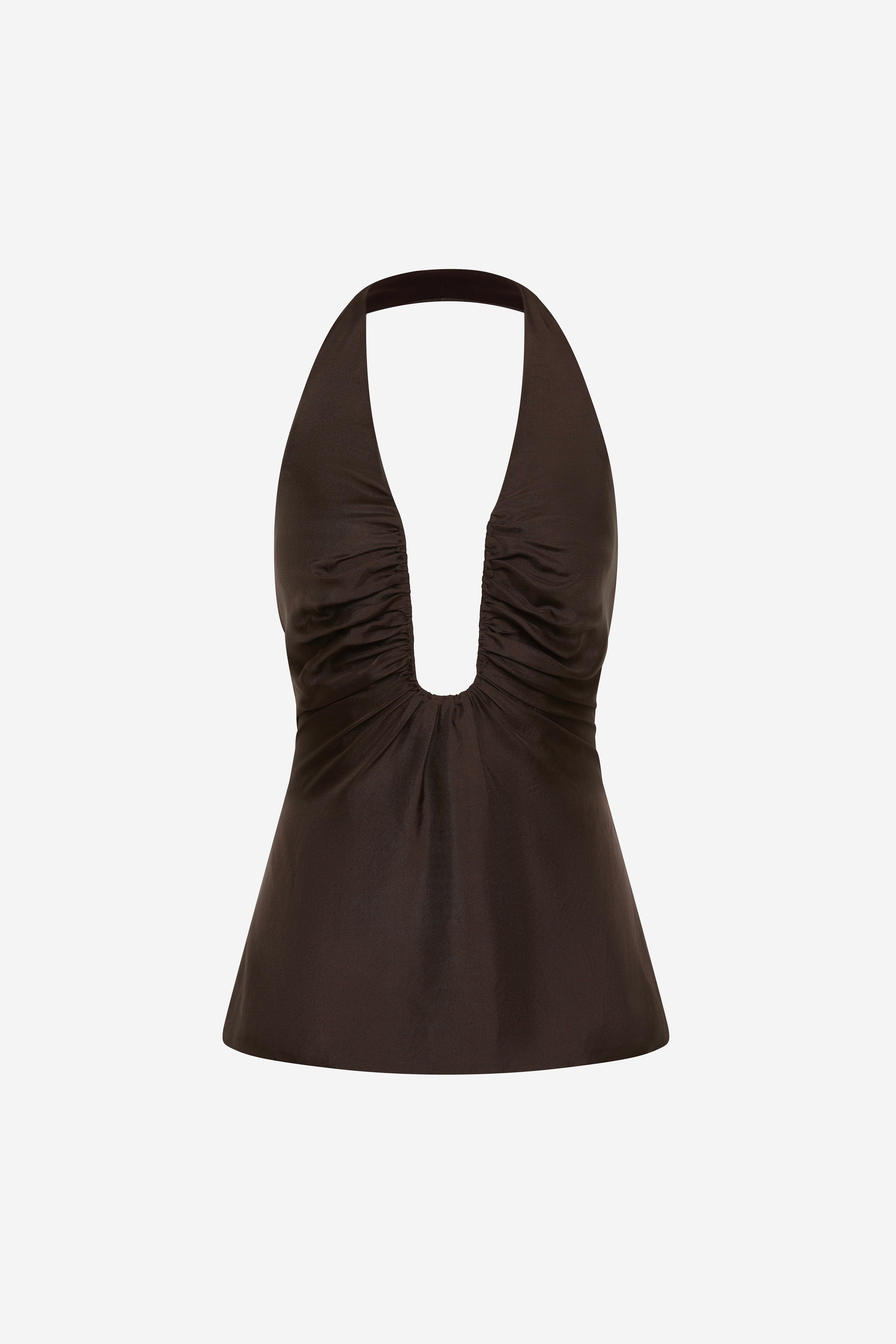 Chocolate halter silk top with deep V keyhole cutout and gathered front