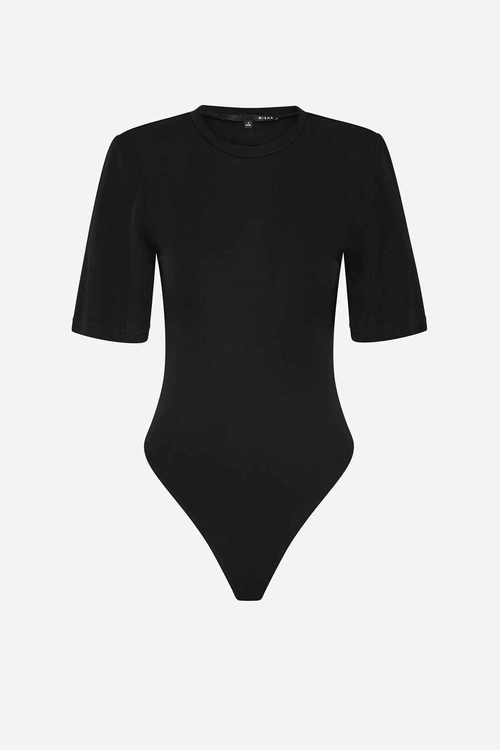 Black short-sleeve bodysuit with crew neck and high-leg thong cut