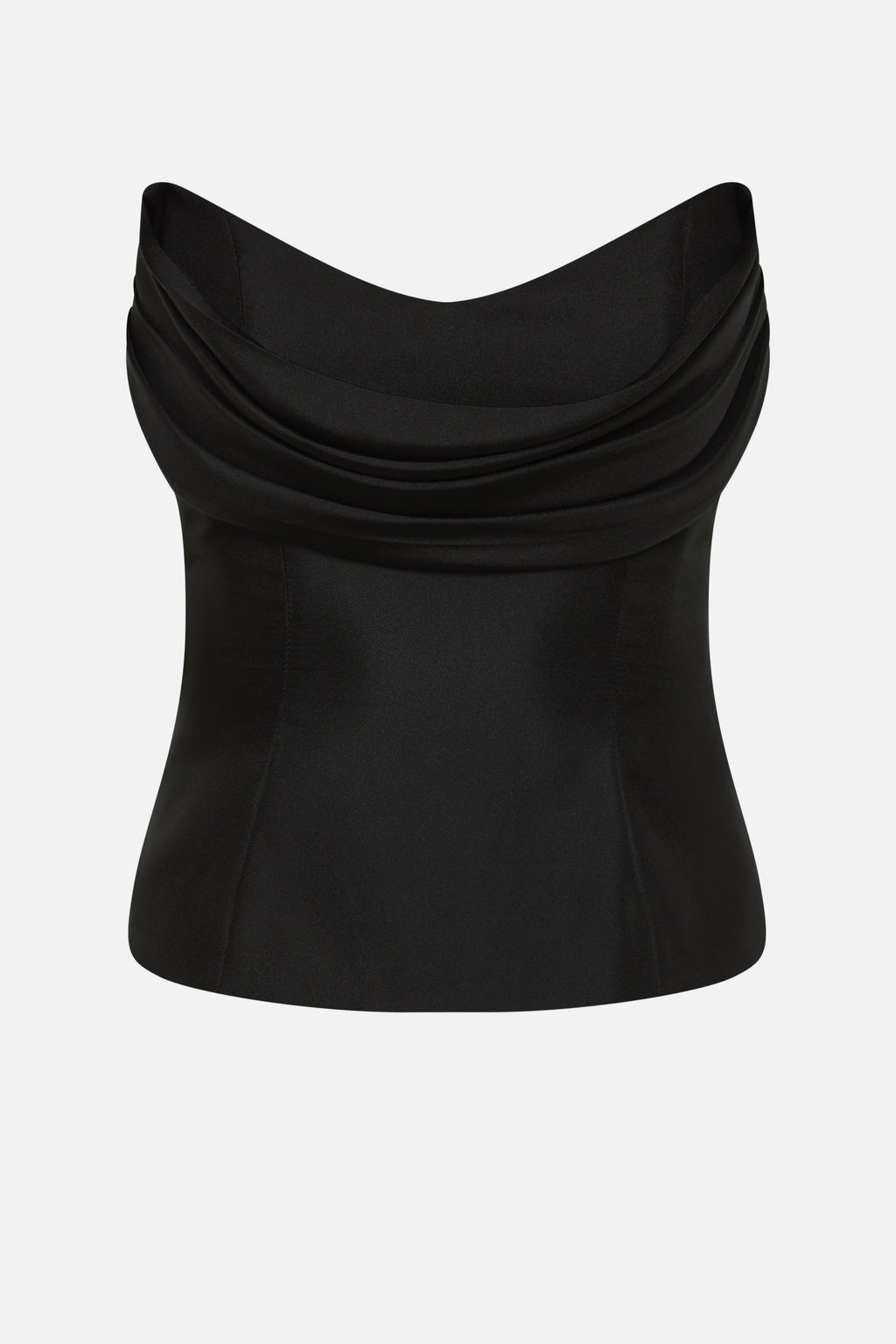 Black strapless silk bustier with draped neckline, molded cups, and corset seams