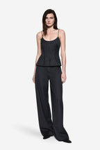 Charcoal wool pinstripe cami top with spaghetti straps and peplum hem