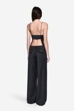 Back view charcoal wool pinstripe cami top with spaghetti straps and open back