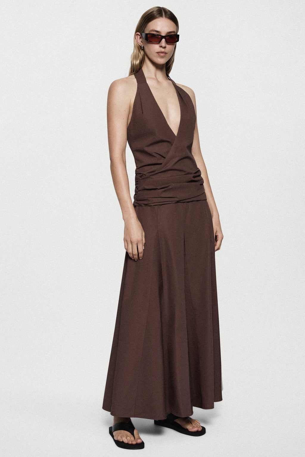 Brown cotton halter maxi dress with sleeveless V neck and gathered front