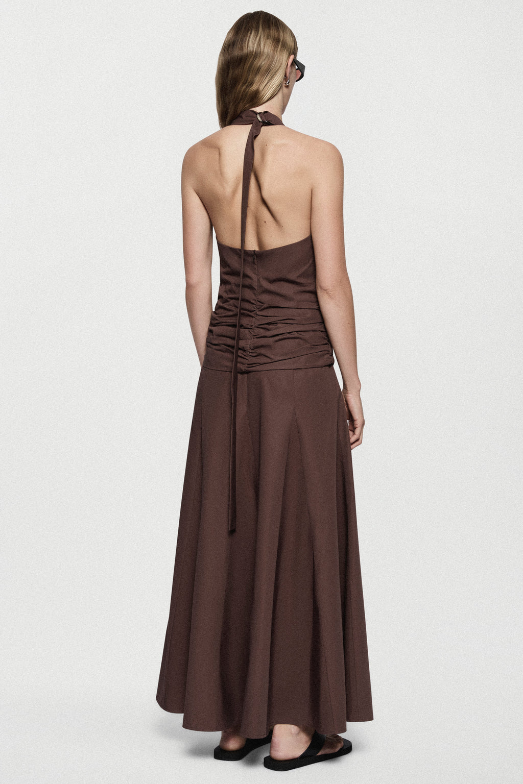Brown cotton halter maxi dress with open back and adjustable ties