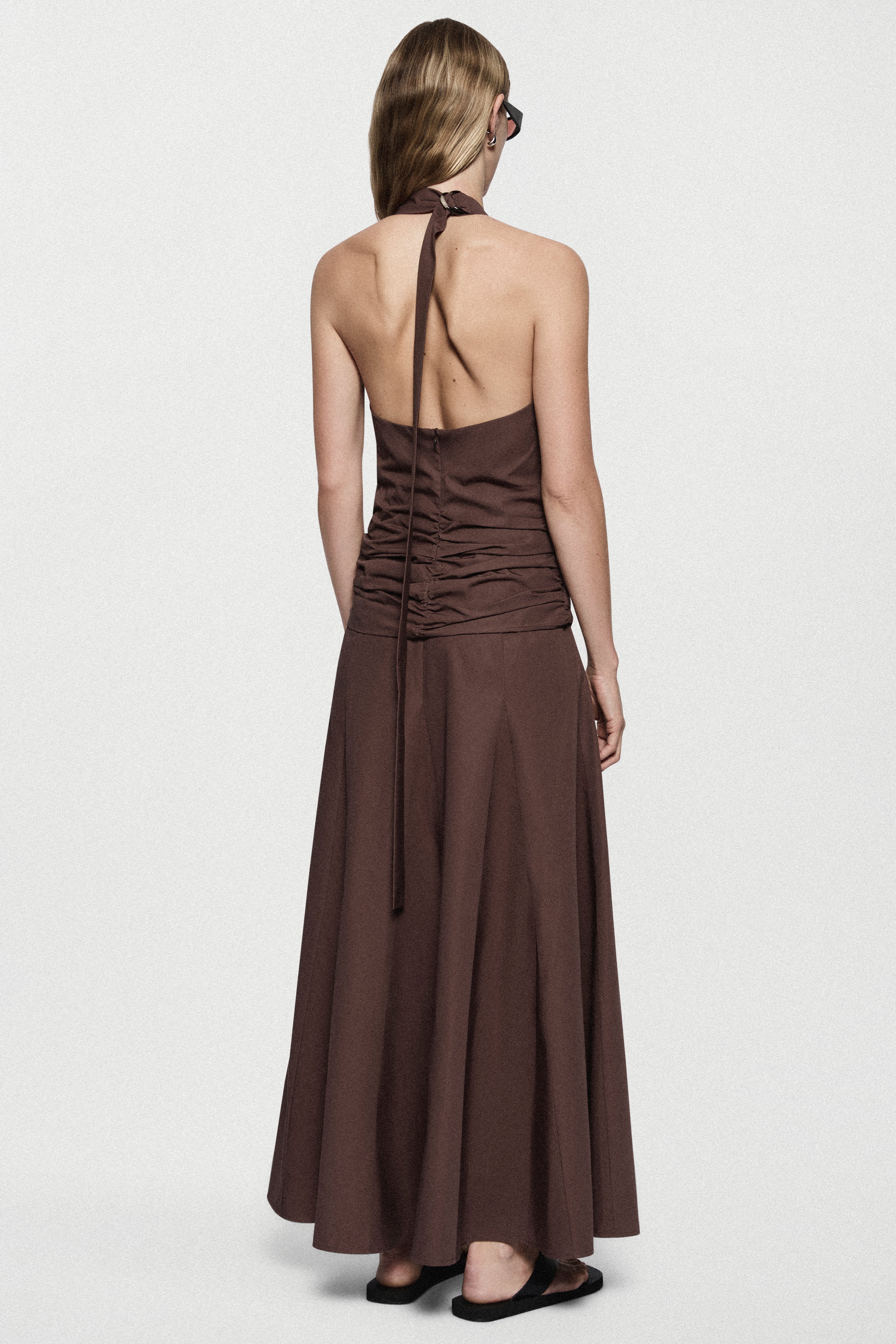 Brown cotton halter maxi dress with open back and adjustable ties
